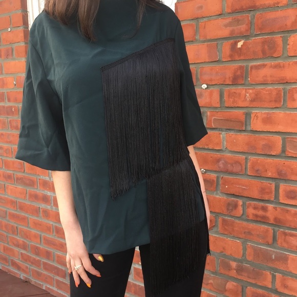Unique Hunter Green Fringe Blouse 🍃 - Picture 1 of 6